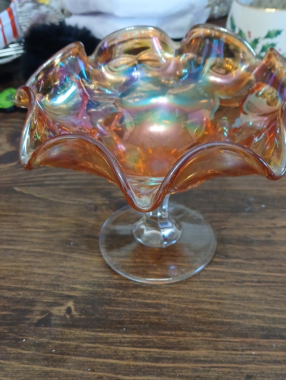 Iridescent Ruffle Glass Compote Bowl - Amber